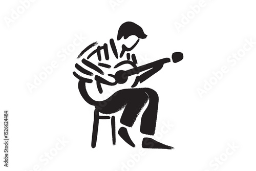 Man playing guitar brush sketch black and white vector illustration
