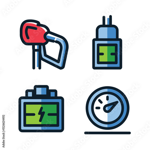vector icons to vehicle fueling and charging a gasoline pump, an electric vehicle plug hydrogen mole