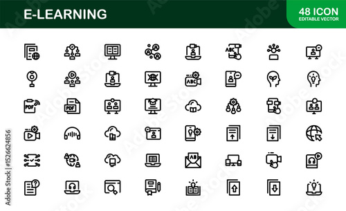 Professional E-learning icon collection crafted to elevate online education interfaces, course creators, and virtual classrooms with clean, modern visuals.