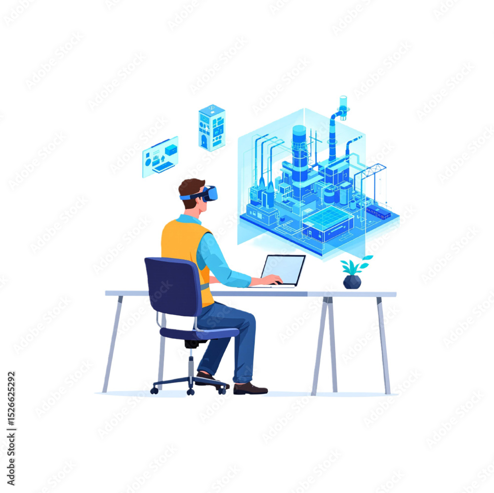 Industrial Engineer Using Virtual Reality Headset and Laptop for Factory Design and Automation Industrial Engineer Using Virtual Reality Headset and Laptop for Factory Design and Automation