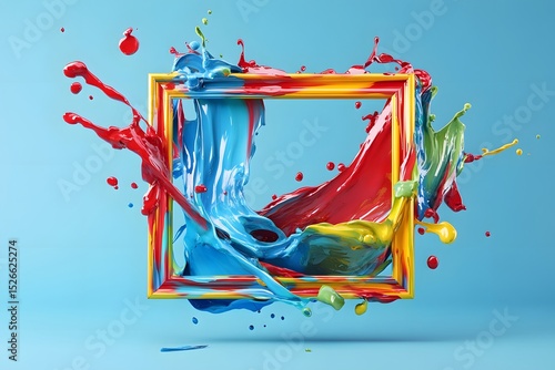 Colorful Paint Splashing Through Floating Frame Creates Dynamic Abstract Art