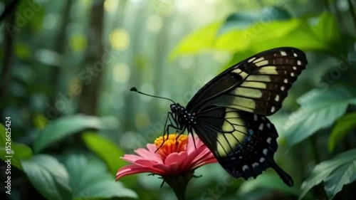 Majestic Butterfly on Vibrant Flower in Lush Green Forest