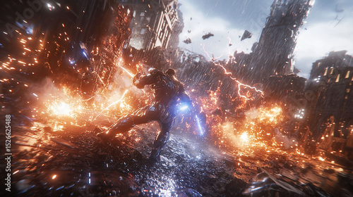 Powerful Robot Battle Futuristic City Destruction