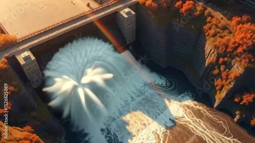 Majestic Dam Release: Aerial View of Water and Rainbow