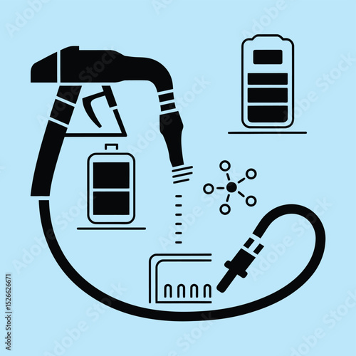 vector icons to vehicle fueling and charging a gasoline pump, an electric vehicle plug hydrogen mole