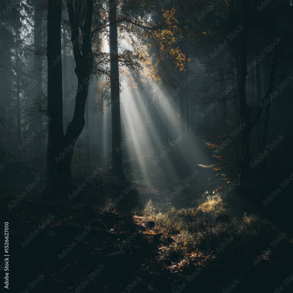 Naklejka premium Sunlight piercing dark forest