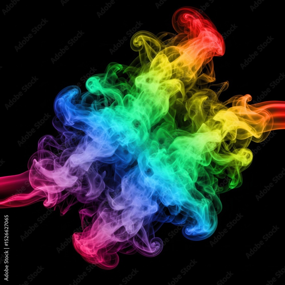 Fototapeta premium Dynamic Swirls of Rainbow-Colored Smoke Against a Deep Black Background, Creating a Vibrant and Abstract Explosion of Hues