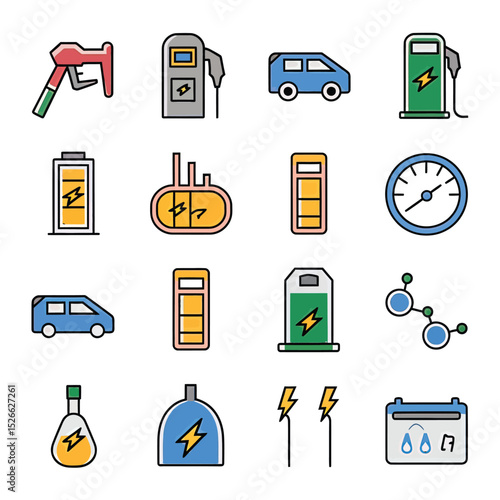 vector icons to vehicle fueling and charging a gasoline pump, an electric vehicle plug hydrogen mole