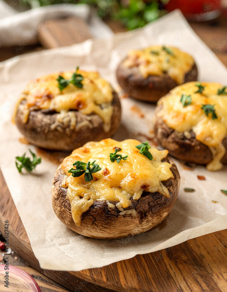 Appetizing baked stuffed mushrooms with cheese and herbs. Tasty snack. Delicious food. Appetizing baked stuffed mushrooms with cheese and herbs. Tasty snack. Delicious food.