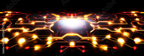 Futuristic digital cyberpunk environment with glowing hexagonal patterns and vibrant lights creating dynamic atmosphere