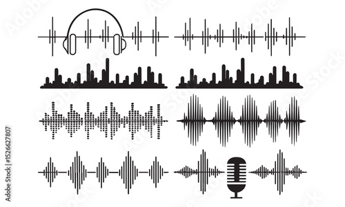 Sound Wave Visualisation, Podcast sound waves set. Waveform pattern for music player, podcast, voise message, music app. Audio wave icon