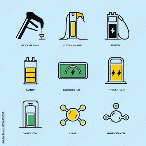 vector icons to vehicle fueling and charging a gasoline pump, an electric vehicle plug hydrogen mole