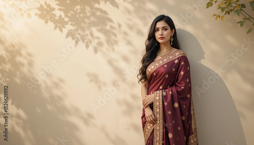 Elegant Woman in Maroon Sari: A captivating portrait of a young woman, exuding grace and elegance, standing against a textured wall adorned with leaf shadows. She is draped in a rich maroon sari.