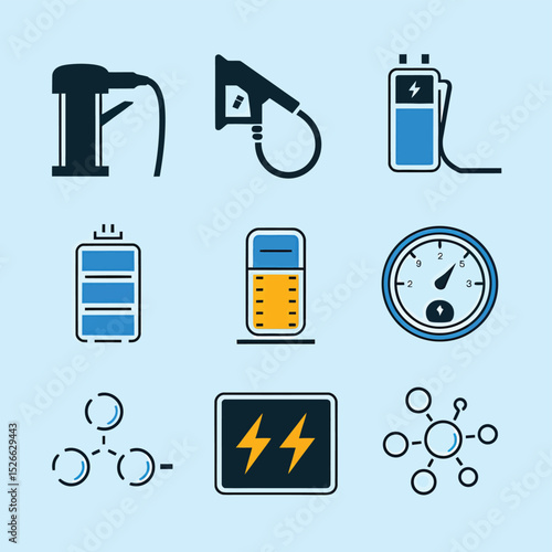 vector icons to vehicle fueling and charging a gasoline pump, an electric vehicle plug hydrogen mole
