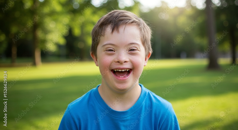 A happy, smiling young boy with Down syndrome stands outdoors against a backdrop of greenery. A happy, smiling young boy with Down syndrome stands outdoors against a backdrop of greenery.