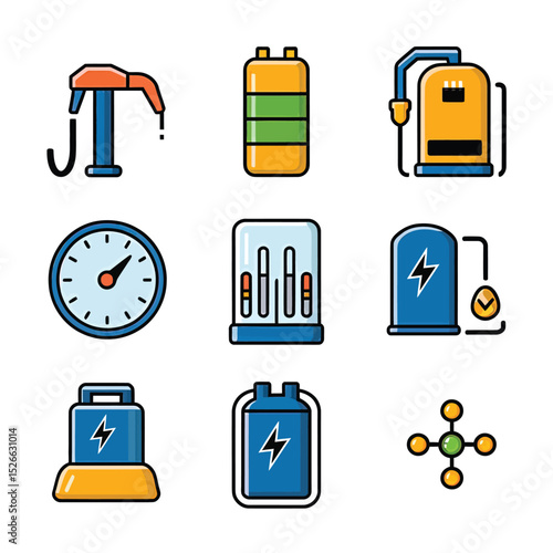 vector icons to vehicle fueling and charging a gasoline pump, an electric vehicle plug hydrogen mole