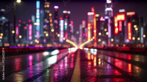 Night City Lights: A Neon-Lit Road Reflecting Cityscape Beauty.