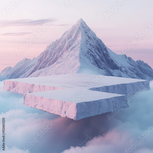 Wallpaper Mural A high-quality, ultra-detailed surreal image of a majestic snow-covered mountain peak, emerging vertically through two clean, horizontal, floating slabs or platforms. High quality photo Torontodigital.ca