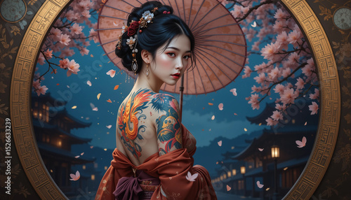 Geisha with Tattoo under cherry blossom: A captivating geisha, adorned with an intricate tattoo and holding a parasol, gazes thoughtfully.