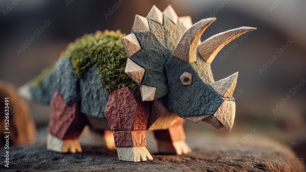 Fototapeta premium Colorful Wooden Triceratops Model with Natural Elements and Textures