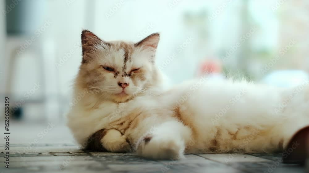 Ragdoll Cat with Squinted Eyes Resting Ragdoll Cat with Squinted Eyes Resting
