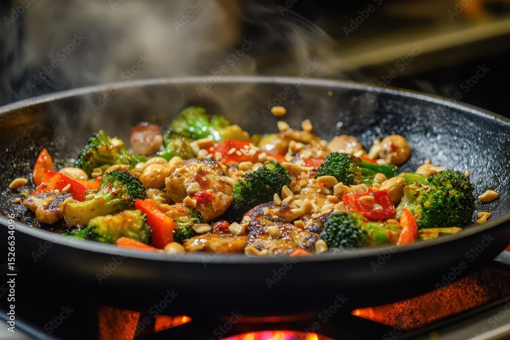 Broccoli Stir Fry. Roasted Broccoli with Peanuts and Chili, Asian Vegetarian Food Broccoli Stir Fry. Roasted Broccoli with Peanuts and Chili, Asian Vegetarian Food