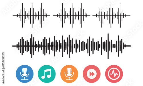Sound Wave Visualisation, Podcast sound waves set. Waveform pattern for music player, podcast, voise message, music app. Audio wave icon