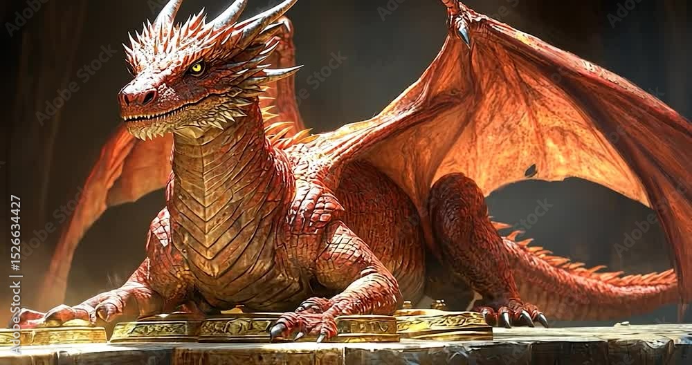 Red Dragon in front of dark background, laying on golden details, dragon wings and fire