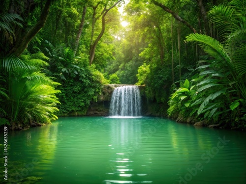 A serene waterfall cascades into a turquoise pool surrounded by lush, vibrant green tropical foliage under soft sunlight filtering through the dense forest canopy.