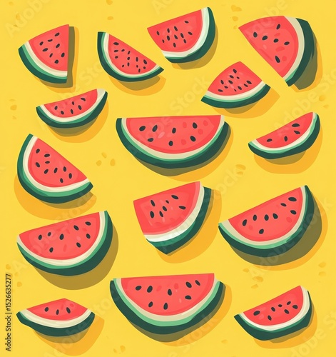 national watermelon day poster with yellow background and flat watermelon illustrations