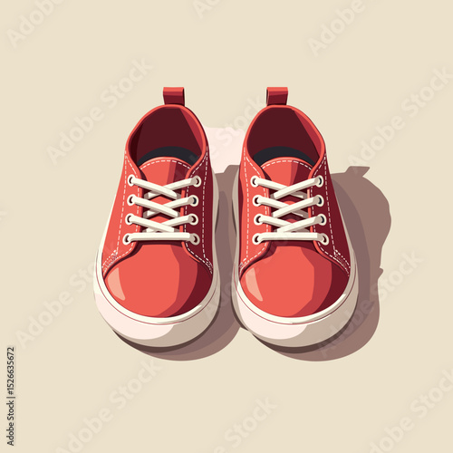Red casual sneakers with laces displayed on a beige background  