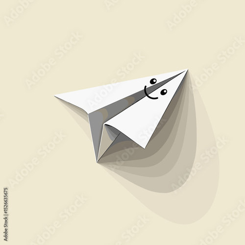 Playful paper airplane with a smile against a light background  