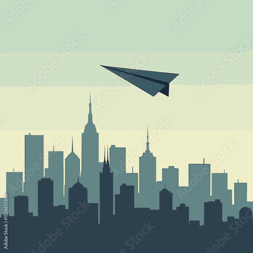 Paper airplane flying over city skyline in minimalist style  