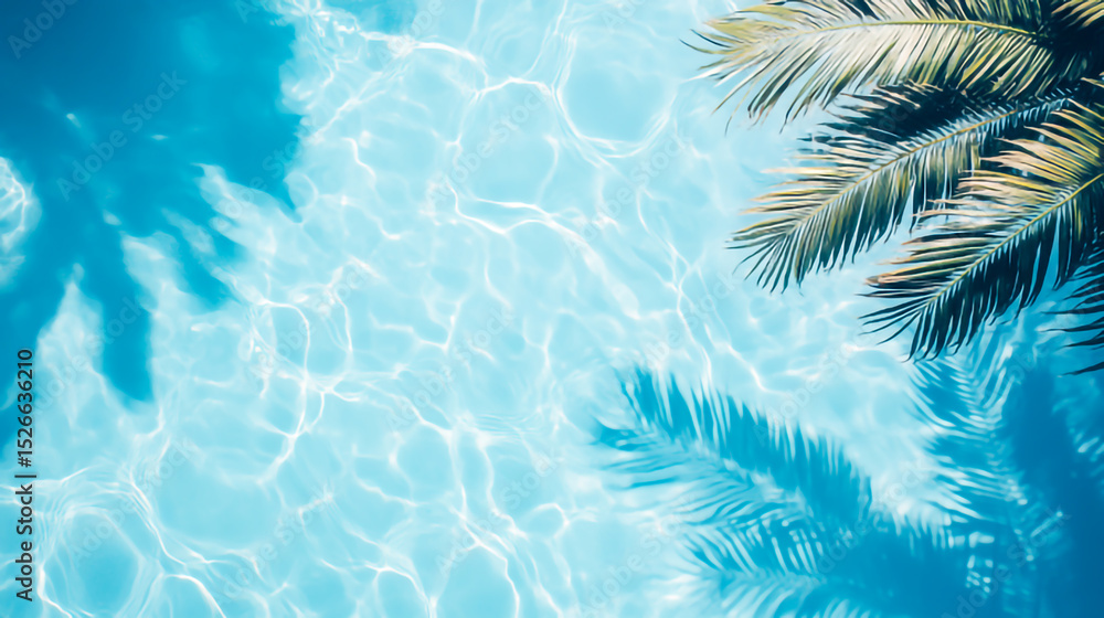 Aqua waves and coconut palm shadow on blue background. Water pool texture top view. Tropical summer mockup design Aqua waves and coconut palm shadow on blue background. Water pool texture top view. Tropical summer mockup design