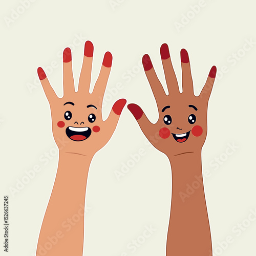 Two hands with smiles and red polish on fingers against light background  