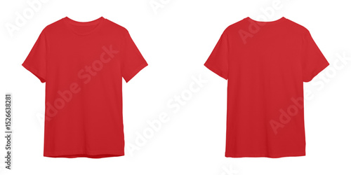 Red T-Shirt Front and Back View, Blank Red Shirt Mockup, Plain Red Tee Template, Empty Red T-Shirt Isolated, Casual Red Shirt on White Background