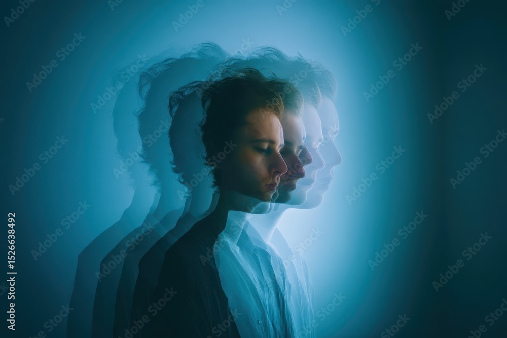 Obraz premium A man's face is shown in a series of blurred images, with his eyes closed