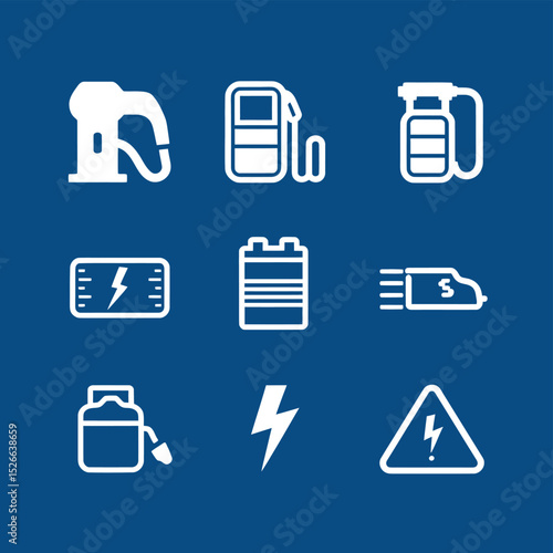 vector icons to vehicle fueling and charging a gasoline pump, an electric vehicle plug hydrogen mole