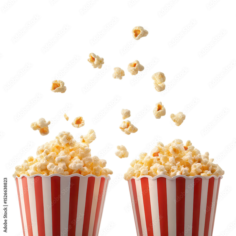 Two striped popcorn containers overflowing with popcorn, with several pieces flying in the air above them. Two striped popcorn containers overflowing with popcorn, with several pieces flying in the air above them.