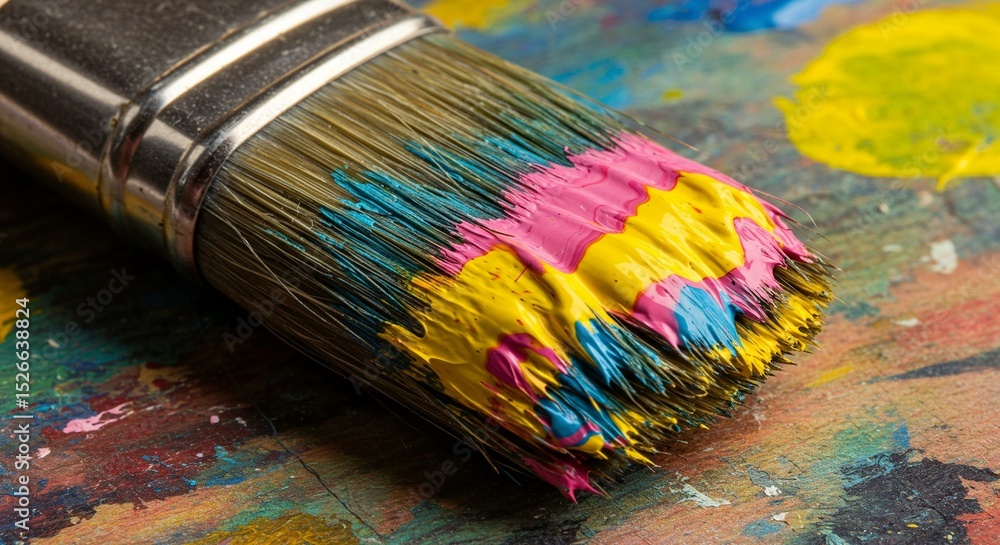 Obraz premium A paintbrush resting on a paint-splattered wooden surface showcases vibrant colors of yellow, pink, and blue.