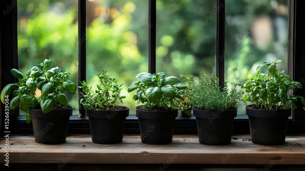 Fototapeta premium Potted herbs on a windowsill, showcasing fresh and vibrant green plants.