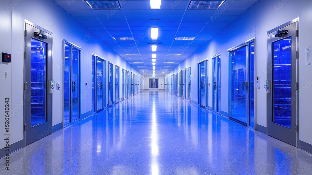 Fototapeta premium Clean, blue-lit laboratory hallway