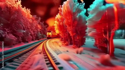 Surreal Winter Train Journey Through Vibrant Forest