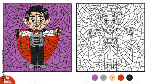 Color by number, education game, Vampire boy. Halloween cute character. Square coloring page