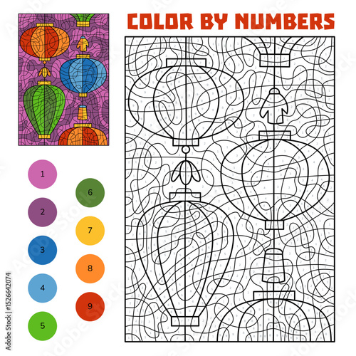 Color by number printable with traditional Chinese and Vietnamese lanterns. Educational worksheet for Lunar New Year celebration and culture learning