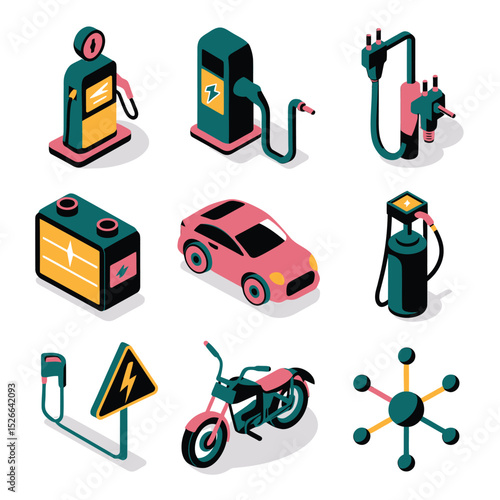 vector icons to vehicle fueling and charging a gasoline pump, an electric vehicle plug hydrogen mole