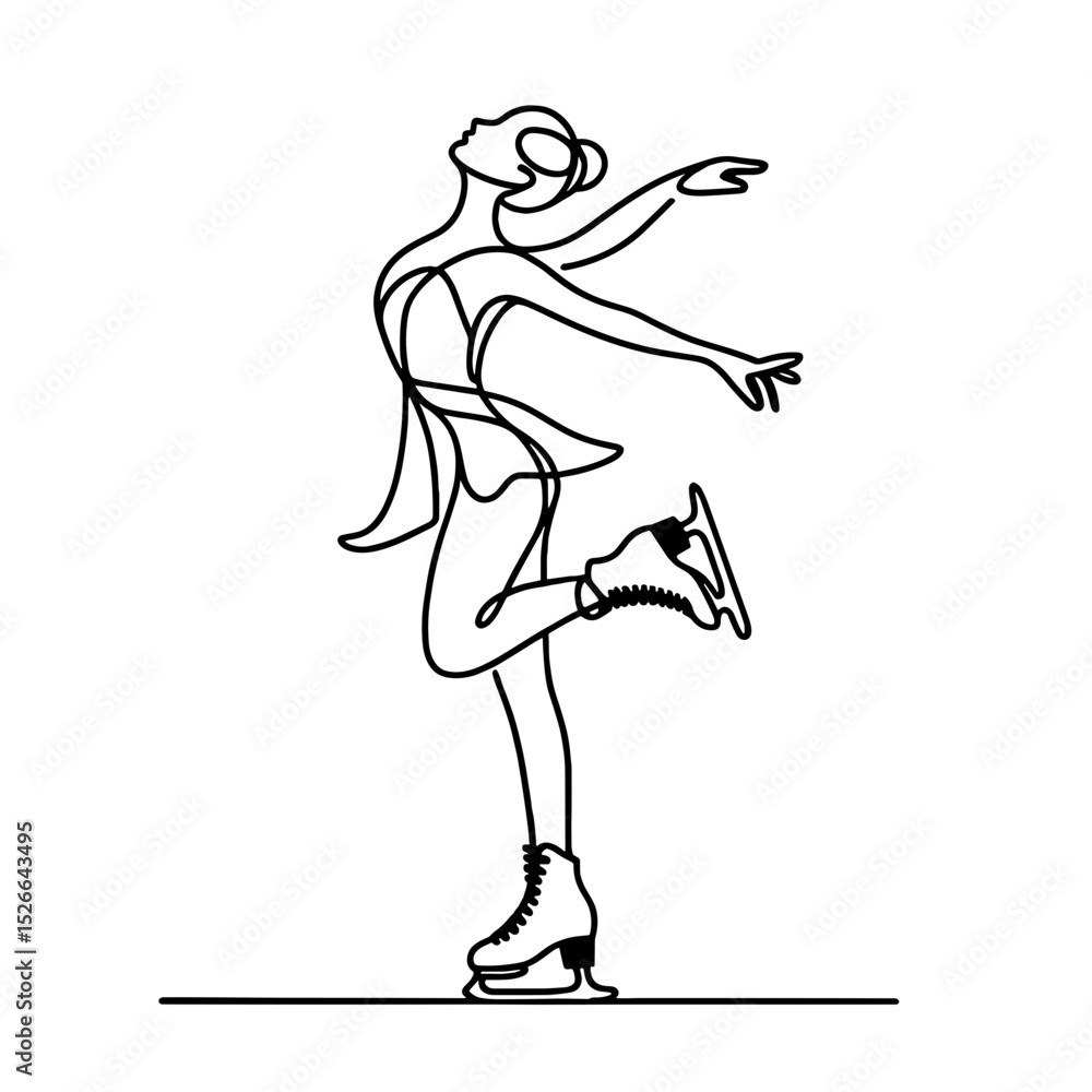 Fototapeta premium Girl figure skater, vector, black line drawing, minimalistic, single line, simple line, isolated, transparent background 