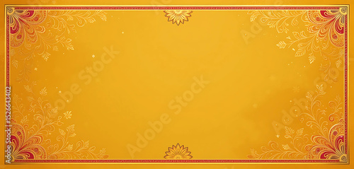 Traditional celebration background with soft turmeric yellow base, paisley motifs, and gold foil borders, styled for a mehndi or puja invite.