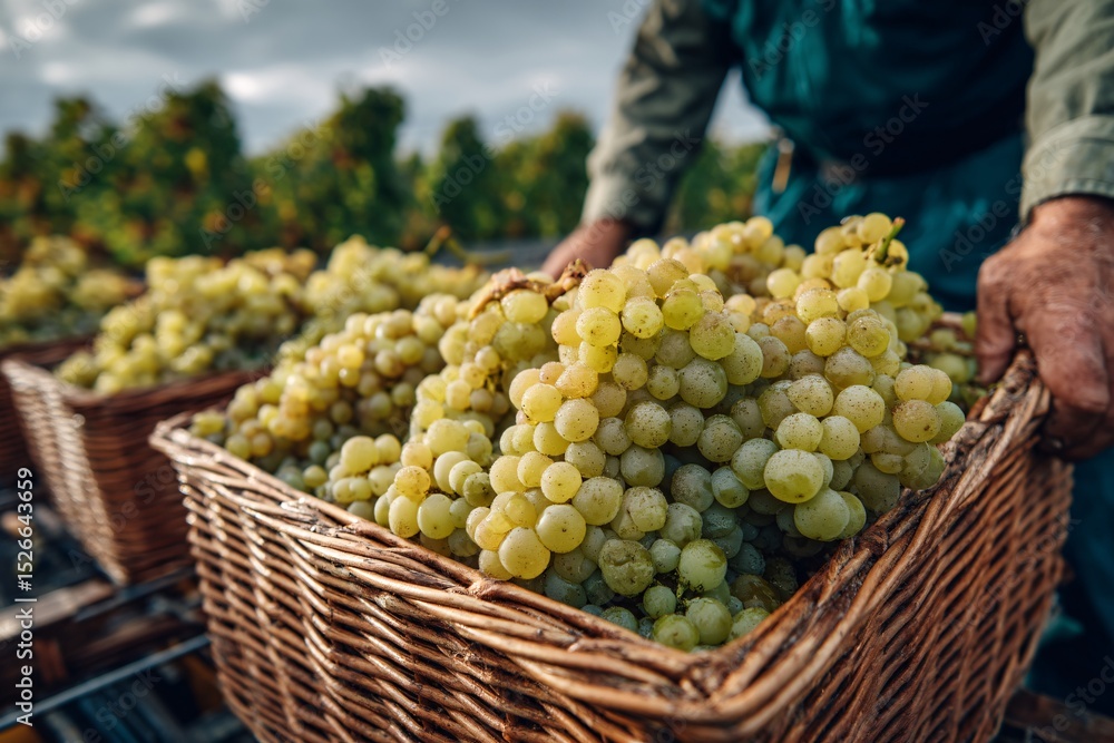 Obraz premium Baskets Overflowing with Harvested White Grapes Under Soft Blue Sky