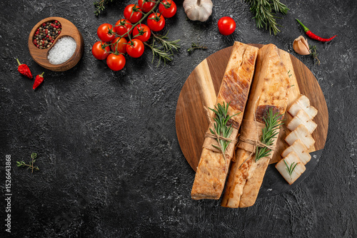 Foto Sliced cured pork fatback with herbs, tomatoes, spices, and garlic arranged on a wooden board over dark stone background top view
